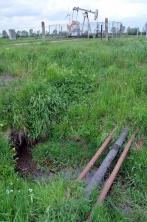 Nassölleitungen queren einen Graben; hinten ein Erdölpumpe (Feld Barenburg, Vogtei) Nassölleitungen queren einen Graben; hinten ein Erdölpumpe (Feld Barenburg, Vogtei)